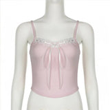 Bow Hotsweet Y2K Lace Trim Summer Cami Tops Slim Korean Coquett Clothes Crop Tops for Women Cutecore Knit Short 2024-Outfit