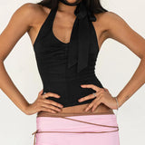 Girl Style Low-Cut V-Collar Pleated Tie Rope Sling Vest With Exposed Back Sexy Tight Top-Outfit