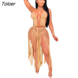 Summer Knit Hollow Out Bra Skirt Set Two Piece Set Beach Tassel Swimwear Summer Outfits Holidays Sexy Bodycon