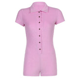 Solid Playsuits Single-Breasted Short Sleeve Bodysuits Vintage Biker Overalls Women Turn Down Collar Jumpsuits