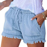 Women's Washed Denim Shorts, Casual Drawstring Elastic Waist Frayed Hem Loose Short Jeans-Outfit