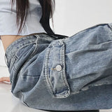 Station 2023Ins Fashionable Women's Wear Street Shoot Wind Big Pocket Lazy Overalls Low-Waisted Jeans Women's Autumn-Outfit