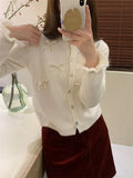 Spring And Autumn New Pure Color High-Grade Round Collar Hand-Made Three-Dimensional Bow Soft Waxy Knitted Cardigan Blouse-Outfit