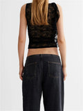 Lace Floral See Through Tank Tops for Women Mesh Sheer Sleeveless Tassels Sexy Black Slim Mini Vests Streetwear 2023-Outfit