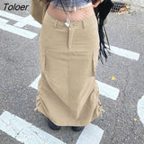 Fashion Low Waist Solid Long Skirt Y2k Women High Waist Retro Ruched Cargo Skirts Long Slit Tech Outfits