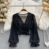 2021 Autumn Fashion Korean Women Blouse Long Sleeve V Neck Elastic Ruched Slim Tops Elegant Streetwear Short