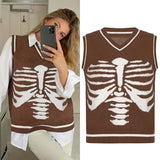 Skull Print V Neck Y2K Oversized Sweater Harajuku Casual Loose Knitted Top Pullovers Korean Punk Ladies Jumper