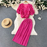 Ruffled Elegant Chic Women Set Summer 2022 V Neck Fashion Tops+ Knitted Elastic Waist Skirt Solid Two Piece