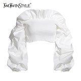 Vintage Ruffles Women Blouse Slash Neck Lantern Long Sleeve Short Shirt Female Fashion Clothing 2020