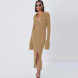 Free Shipping Autumn Bodycon Dress Sweater Knitted Green Women Sexy Midi Split V Neck Long Sleeve Casual Dresses Party