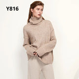 Elegant Solid Knitted Two Piece Set Women Turtleneck Batwing Long Sleeve Loose Sweater Full Length Casual Wide Leg