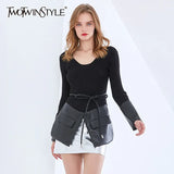 Elegant Patchwork Pocket PU Leather Sweater For Women O Neck Long Sleeve Lace Up Bowknot Slim Sweaters Female