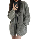 And Winter New Style College Style Korean Version Loose Lazy V-Collar Pocket Solid Color Knitted Cardigan Sweater Women's Spot-Outfit