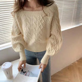 Women Fashion Slim Square Collar Long Sleeve Knitting Solid Simple Soft Cozy Tender Design Ulzzang Feminine