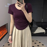 New Summer Design Feel U-Collar Short-Sleeved T-Shirt Women Fold Slim Look Thin Inside A Solid Color Short-Style Blouse-Outfit