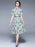 Fashion Runway Vintage Shirt Dress Women's Short Sleeve Elegant Tiger Floral Print OL Pleated Midi Dress with Belt