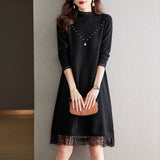 Knitted Dress Women's Autumn And Winter Dress 2024 New Fashion Foreign Style Nailed Bead Sweater Skirt Trend-Outfit