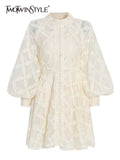 TWOTWINSTYLE Vintage Embroidery Dress For Women Stand Collar Lantern Sleeve High Waist Solid Mini Dresses Female Spring