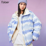 Women Down Jacket 2021 Winter Thick Stand Collar 90% White Duck Down Warm Blue White Sky Print Chic Casual