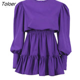 Lantern Sleeve Vintage Dress Long Sleeve O-Neck Casual Women Ruffle Dress Short Mini Pleated A-Line Frill Dress