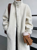 Women's Stand Neck Shearling Lamb Trench Coat Korean Style 2022 Winter Loose Thickened Button Up Front Long