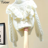 Women Ruffled Chic Long Sleeve Knitted Sweaters Vintage Female Turtleneck Solid Pullovers 2021 New Winter Tops