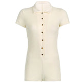 Solid Playsuits Single-Breasted Short Sleeve Bodysuits Vintage Biker Overalls Women Turn Down Collar Jumpsuits
