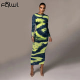 Tie Dye Print Long Sleeve Maxi Dress Women Solid Bodycon Ruched Wrap Dress Female Fall Ladies Pleated Sexy Party