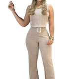 Ladies Fashion Sleeveless Sexy Off-the-shoulder Top High Waist Skinny Flared Pants Two-Piece Set with