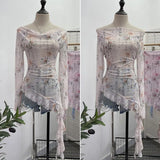 Purely Want A Word Shoulder Ink Print Tie-Dye Mesh Long-Sleeved Shirt Irregular Lotus Leaf Side Top