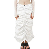 Women Solid Color Skirt, Drawstring Pleated Adjustable Elastic High Waist Half Dress Casual Daily Clothes-Outfit