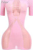 Sexy Hollow Out Pink Bodycon Mini Dresses for Women Party Nightclub Outfits Birthday Photoshoot Dress