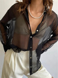 Chic Mesh See Through Loose Shirts Women Long Sleeve Lapel Button-Down Tops Spring Autumn Solid Casual Blouses Tops-Outfit