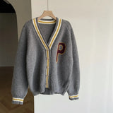 Women's Letter Print V Neck Colorblock Oversized Knit Caridgan Green Blue Gray Casual Sweater