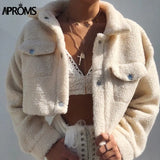 Elegant Solid Color Cropped Teddy Jacket Women Front Pockets Thick Warm Coat Autumn Winter Soft Short Jackets Female
