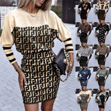 Independent Station Autumn New Fashion Printed Waist Round Collar Long-Sleeved Dress-Outfit