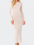 Sexy Women Summer Autumn Party Long Dress Solid Round Neck Long Sleeve Backless Knitted Dress Female Vestido Clubwear-Outfit