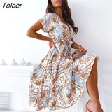 Vintage Print Shirt Dress Women Elegant V-Neck Short Sleeve Midi Dress 2021 Fashion Ladies Floral Party Long Dresses