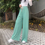 New Summer Checkerboard Plaid Wide Legged Women's Pants Spring Vintage High Waist Loose Lace Up Casual Trousers