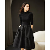Texture Knitting Autumn/Winter Autumn/Winter Long-Sleeved Small Black Dress Showing Thin Wool Fluffy Skirt