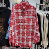 Women's Denim Shirt Loose Patchwork Burrs Edge Distressed Checkered Single Breasted Diamond Blouse 2024 Summer New Fashion-Outfit