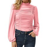 New T Shirt Women Clothing Solid Stand Neck Long Sleeve Plus Size Fashion Ruched Chic Tops Ladies Casual Slim Tee