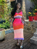 Summer Sexy Beach 2 Two Piece Sets For Women Outfits Sleeveless Backless Crop Top Maxi Skirts Patchwork Matching Sets