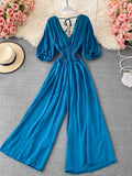 Vintage Blue/Black/Yellow Romper Women Casual V-Neck Short Puff Sleeve High Elastic Waist Elegant Wide Leg Jumpsuits Female