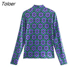 Women Vintage Half High Collar Floral Print Slim Blouses Lady Chic Long Sleeve Retro Shirt Blusas Tops