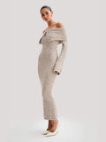 Women's Elegant Style Fashion Collared Shoulder Dress Knitted Long