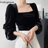 Blusas Mujer De Moda 2023 Vintage Shirts Women Square Collar Puff Sleeve Elegant Blouses Korean Velvet Black Tops