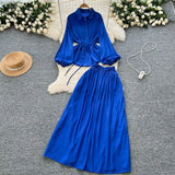 Simple Style Solid Temperament Suit Women's Spring Bubble Sleeve Strap Shirt + Tight Waist Slim Half Body Long