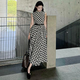 Design Lattice Sleeveless Round-Neck Dress Women 2025 Summer New Slim Retro Long