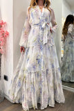Women's Chiffon Print Dress Open Shirt Swing Belt Fashion Broken Flower Long